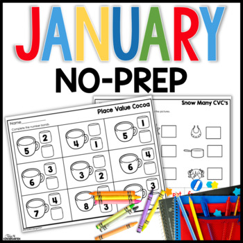 Preview of January No Prep Winter Math and Literacy Worksheets for Kindergarten