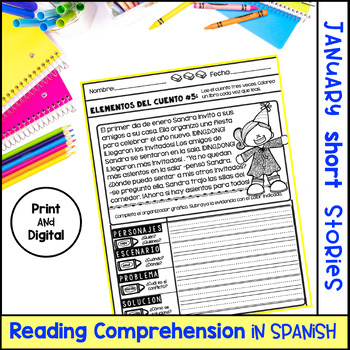 Preview of January Reading Comprehension In Spanish Enero Comprensión Lectura