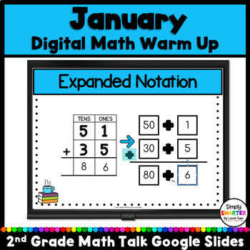 Preview of January Second Grade Digital Math Warm Up For GOOGLE SLIDES