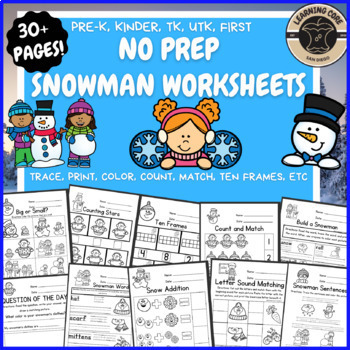 Preview of Snowman Math Literacy Worksheets PreK Kindergarten First Grade TK UTK