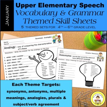 Preview of January Speech Therapy Upper Elementary Vocab & Grammar Worksheets