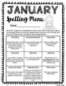 January Spelling Menu (NO PREP!) by Golden Gate Tutoring | TpT