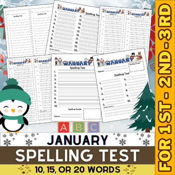 Preview of Winter Spelling Test | January Spelling Test Template 10, 15, 20 Words | K-6th