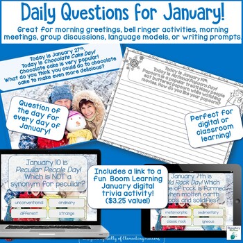 Preview of Morning Meeting Discussions and Daily Writing Prompts and Questions - January