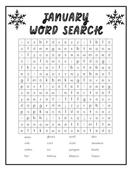 January Theme Word Search Puzzle / Print and Go / Morning Seat Work