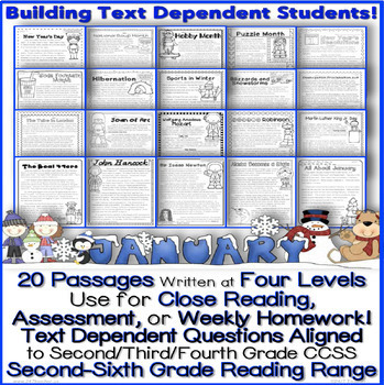 Preview of January Themed Close Reading Passages Common Core multiple choice T or F & More