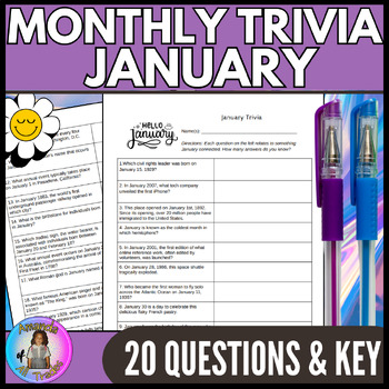 Preview of January Themed Trivia with Answer Key for Quiz Bowl, Academic Challenge