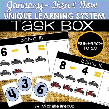 Preview of January Unique Learning System Task Box- Subtraction to 10 (SPED, Autism)