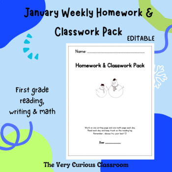 Preview of January Weekly Homework/ Classwork Pack 1st Grade Reading, Writing & Math!