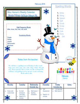 Preview of January Weekly Homework Sheet