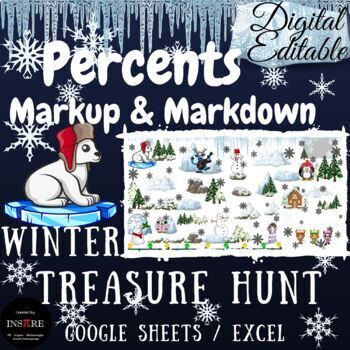 Preview of January Winter Math Treasure Hunt  Percents Markup & Markdown Discount EDITABLE