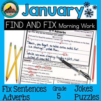 Preview of ELA Morning Work for January Winter with Adverbs and Fix the Sentences Grammar 5