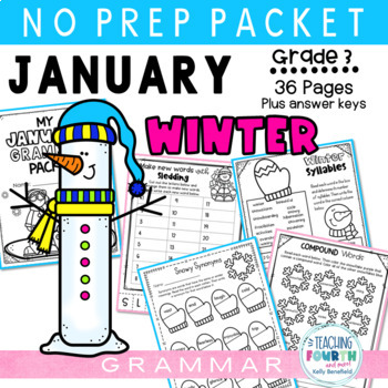 Preview of January Winter No Prep Grammar Review Activities 3rd Grade ELA Worksheets
