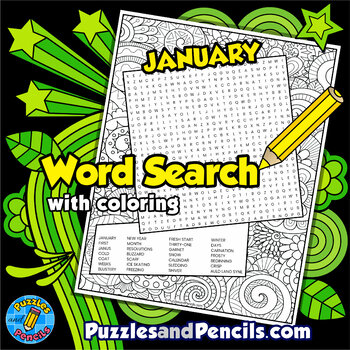 Preview of January Word Search Puzzle Activity with Coloring | January Wordsearch Puzzle