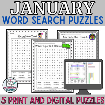 Preview of January Word Search Set Printable Pages and Digital Puzzles for Google Slides™