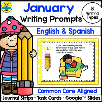 Preview of January Writing Prompts English & Spanish - Task Cards, Journal Strips & Digital