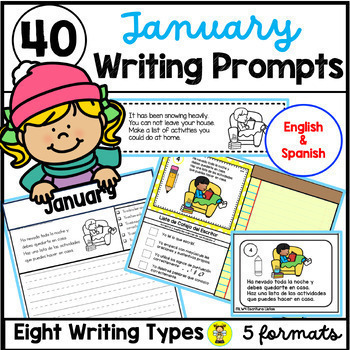 Preview of January Writing Prompts Bundle in English & Spanish - Full Pages & Task Cards