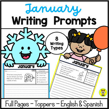 Preview of January Writing Prompts & Page Toppers in English & Spanish - Full Pages