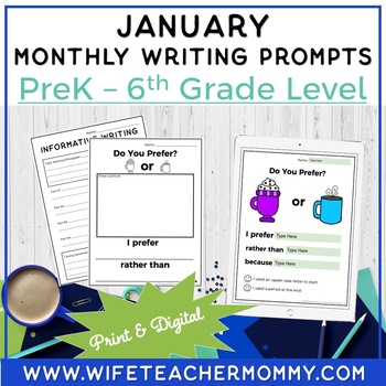 Preview of January Writing Prompts PreK-6th Grades PRINT + GOOGLE MEGA BUNDLE  | Winter