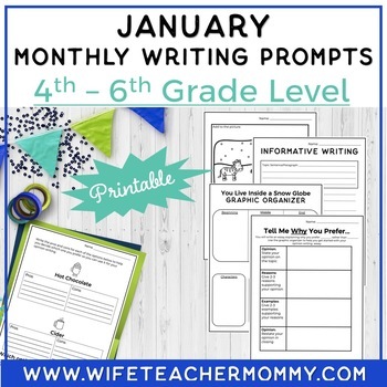 Preview of January Writing Prompts for 4th-6th Grades PRINTABLE  | Winter Writing