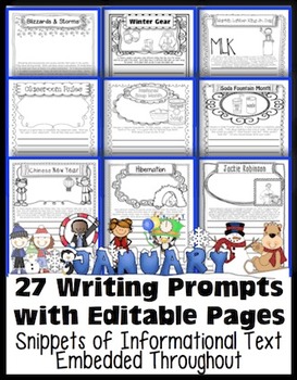 Preview of January Writing Prompts with Editable Pages: Journals, Centers, Tutoring & More