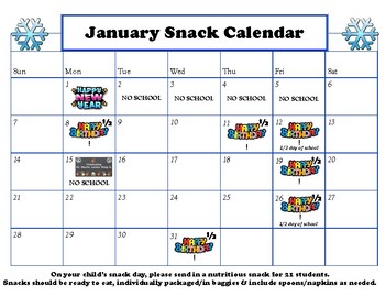 Preview of January snack calendar-editable