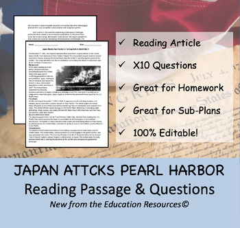 Preview of Japan Attacks Pearl Harbor - Reading Comprehension Passage & Questions
