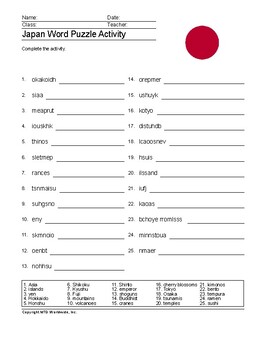 Japan Word Search and Vocabulary Worksheet Printables by Lesson Machine