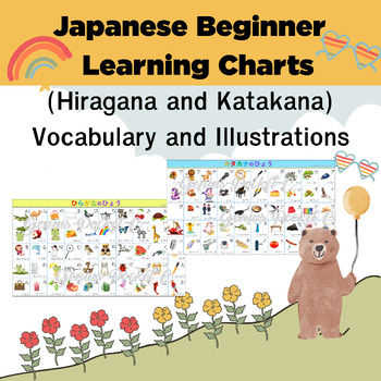 Preview of Japanese Beginner (Hiragana and Katakana) Learning Charts with Vocabulary and Il