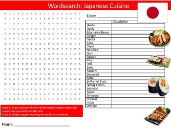 Preview of Japanese Cuisine Wordsearch Puzzle Sheet Keywords Japan Food Culture