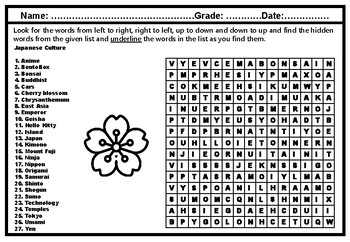 Preview of Japanese Culture Word Search Worksheet, One World Family, Character Education