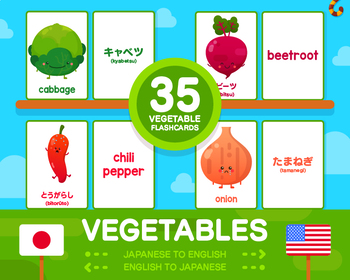 Preview of Japanese + English Vegetable Flashcard Pack • 68 Cards x 2 Sets