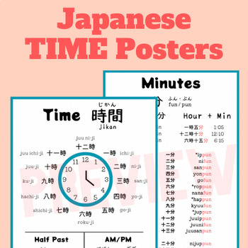 Preview of Japanese Time Hours, Half Past, Minutes Reference Sheet Infographic Poster