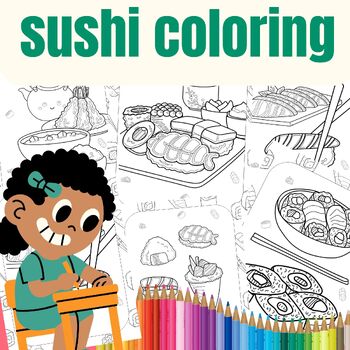 Preview of Japanese sushi coloring pages- 23 printable pages food & Dring coloring