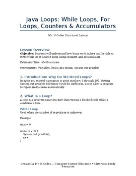 Preview of Java Loops Basics – Free Coding Worksheet (While Loops, For Loops, Counters)