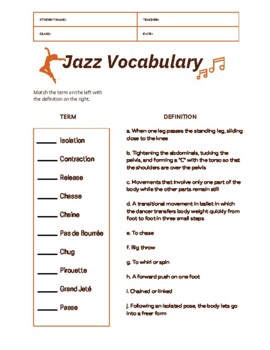 Preview of Jazz Dance Vocabulary Worksheet
