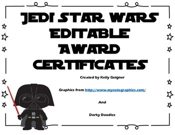Preview of Jedi Star Wars Award Certificates EDITABLE