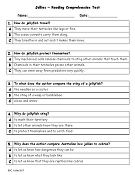 Jellies ~ Reading Comprehension Test ~ 2nd Grade ~ Journeys by Christie ...