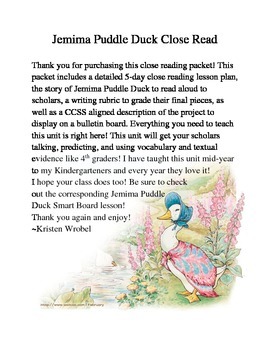 Preview of Jemima Puddle Duck Close Read