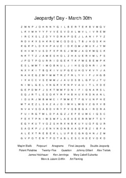 Jeopardy Day March 30th 1964 Crossword Puzzle Word Search Bell