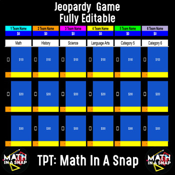 Preview of Jeopardy Game - Editable - Auto Scoring - 6 Categories, 6 Players , 6 Questions