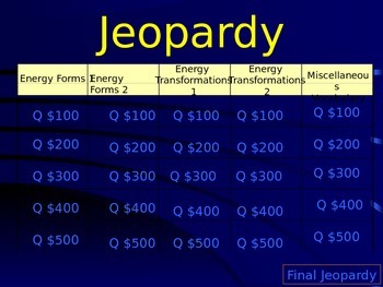 Preview of Middle School Science Jeopardy Game - Forms of Energy & Energy Transformations