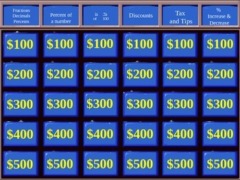 Preview of Jeopardy Game for Percents and Applications of Percents