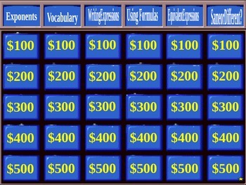 Preview of Jeopardy Game on Expressions (6th grade Common Core Stds.)