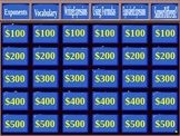 Jeopardy Game on Expressions (6th grade Common Core Stds.)