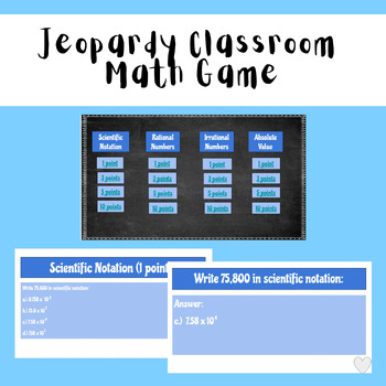 Preview of Jeopardy Math Game Scientific Notation, Rational/Irrational, Absolute Value