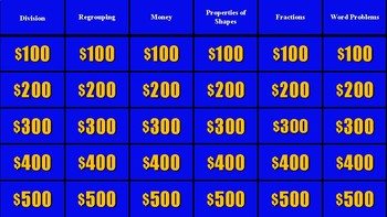 Preview of Jeopardy Mix Review with Fractions, Shapes, Money, Word Problems and MORE!