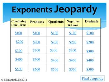 Preview of Jeopardy Review Game Exponents - 5 Categories