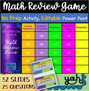 Preview of Jeopardy Math Review Game Power Point Fractions Angles, Division, Multiplication