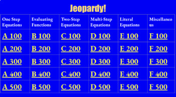 Preview of Jeopardy Review Game: Solving for variables